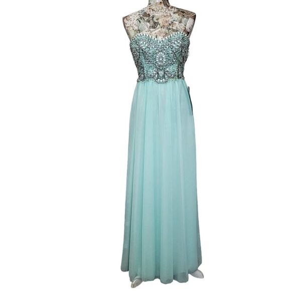 Formal Rhinestone Strapless Sparkle Blue Flowy Gown Long Maxi Dress BRAND NEW! - Picture 16 of 16